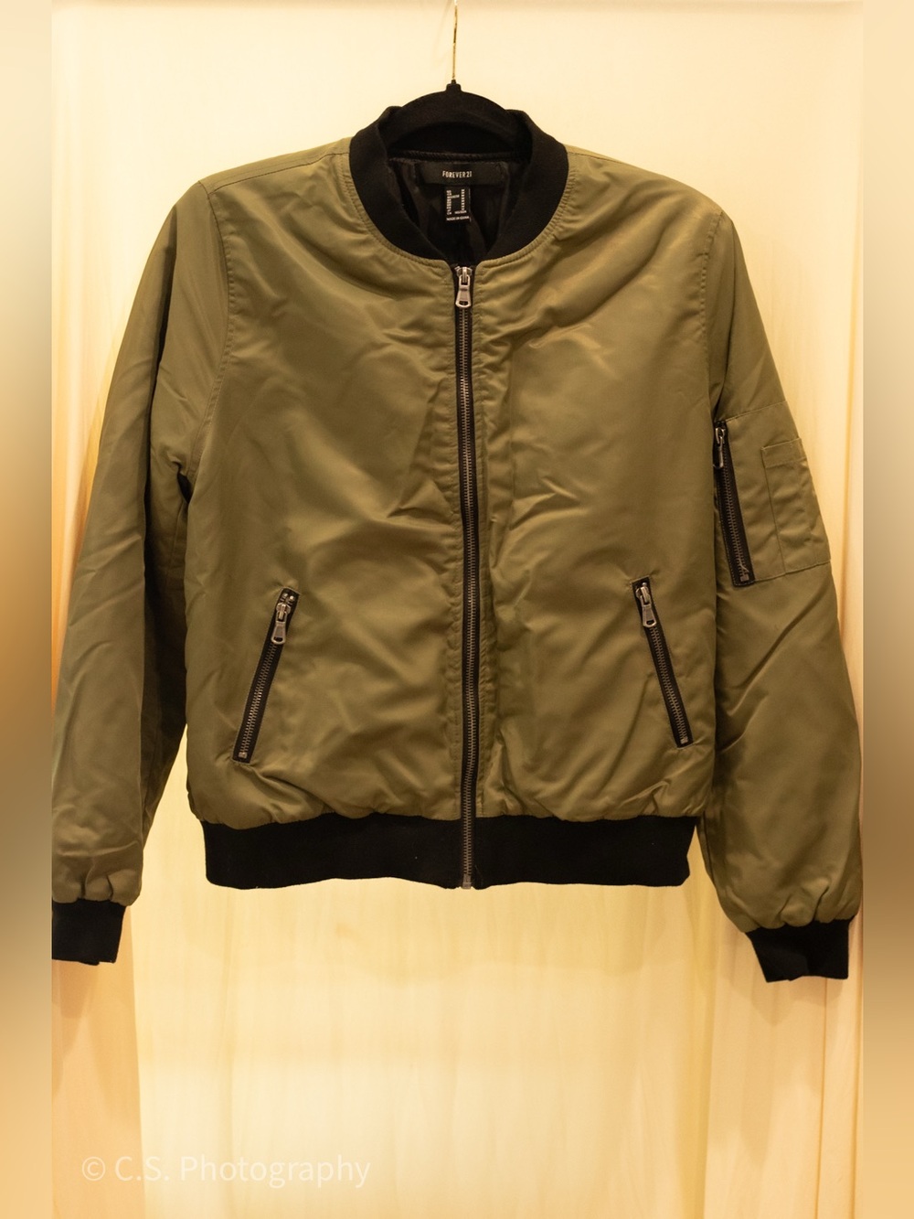 Women’s Olive Bomber Jacket with Black Trim